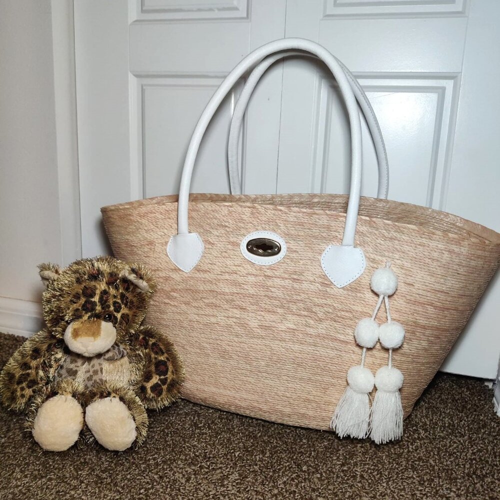 By Del Rio palm leaf handmade, sustainable white leather handles beach tote bag